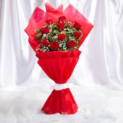 Blooming Insight Flower Type: Red Roses , No. of Stems: 10 , Fillers: Green Seasonal Fillers .

