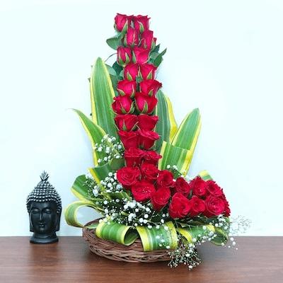 Exotic Red Roses Basket
 Flower Type: Red Roses , No. of Stems: 32 , Fillers: Green Seasonal Fillers.