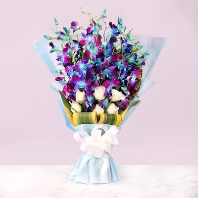 Love And Emotions Orchid Mixed Flowers,16 Flowers - 10 Blue Orchids + 6 White Roses.